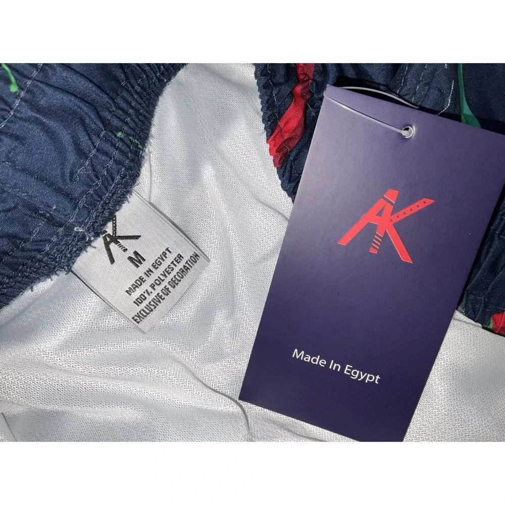 NWT Men's AK Quality Wear Lined Swim Trunks Navy Green & Red Chili Peppers‎ - M